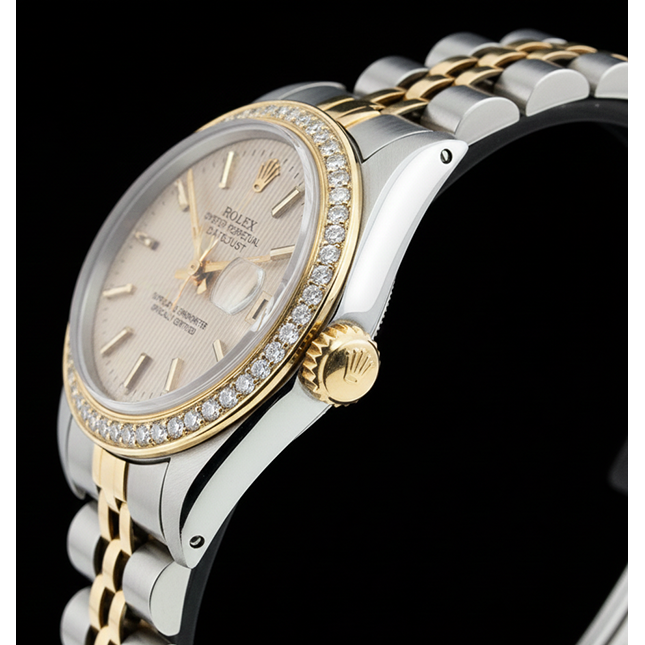 Rolex Datejust Damenuhr Edelstahl & gelbes Armband Brauner Stick