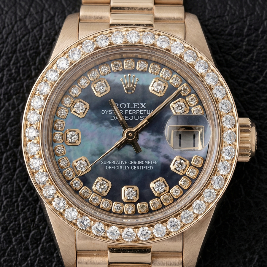 Rolex Datejust Damenuhr, Perlmutt, String-Diamant-Zifferblatt, Gelbgold