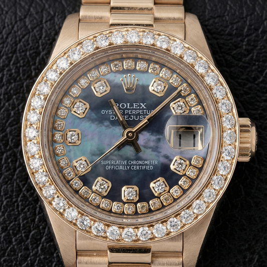 Rolex Datejust Damenuhr, Perlmutt, String-Diamant-Zifferblatt, Gelbgold