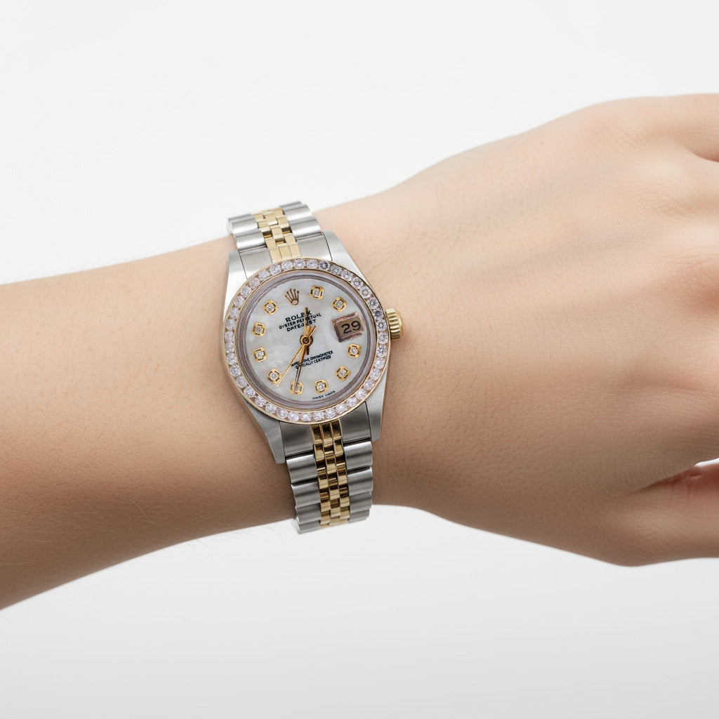 Rolex Datejust Damenuhr aus Edelstahl in Gold mit Diamant-Zifferblatt und Kanalfassung P1
