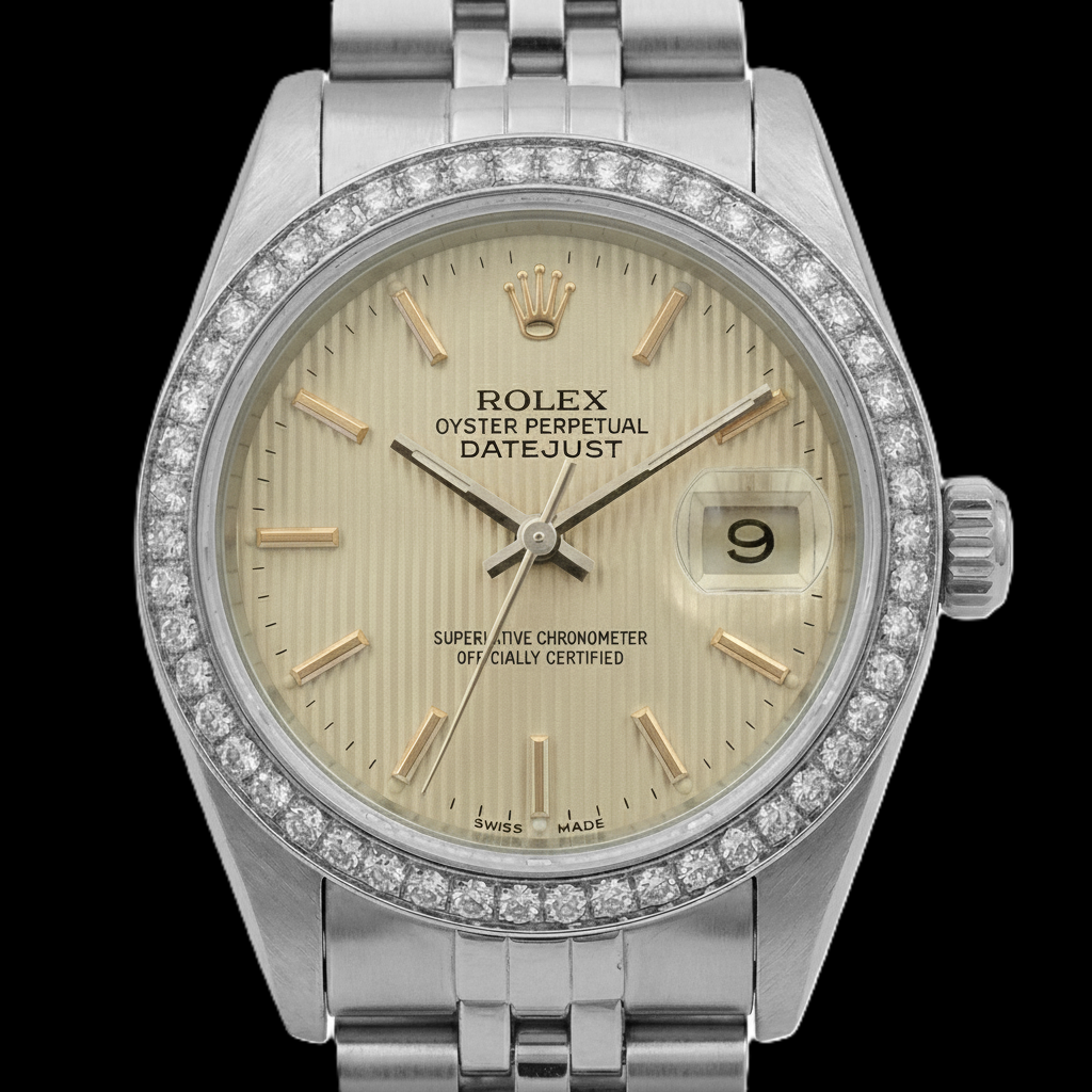 Rolex Datejust Damenuhr mit Diamant-Lünette und Zifferblatt aus Edelstahl mit Gobelin-Stick