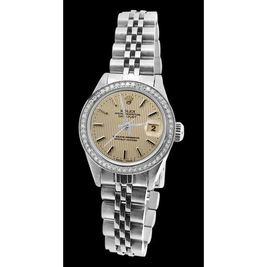 Rolex Datejust Damenuhr mit Diamant-Lünette und Zifferblatt aus Edelstahl mit Gobelin-Stick