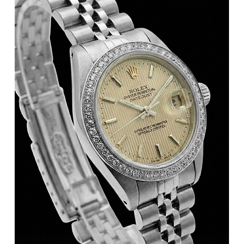 Rolex Datejust Damenuhr mit Diamant-Lünette und Zifferblatt aus Edelstahl mit Gobelin-Stick