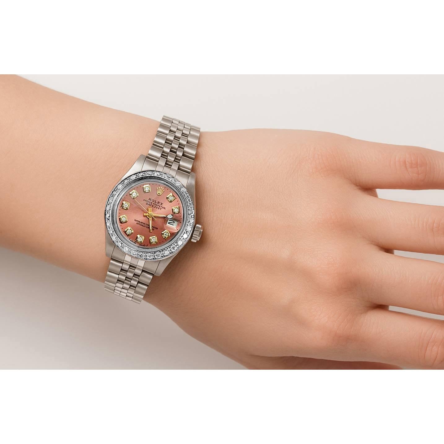 Rolex Datejust Damenuhr mit Diamant-Zifferblatt und Lünette, Jubiläums-Edelstahlarmband P1