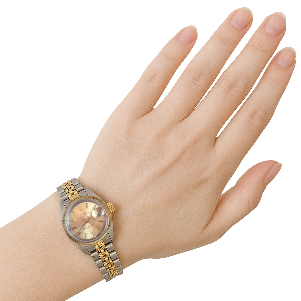 Rolex Datejust Damenuhr mit Strichindizes, geriffelter Lünette und zweifarbiger Aufmachung