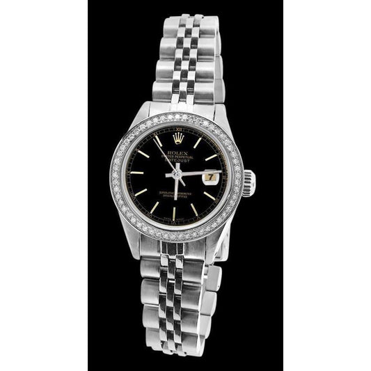 Rolex Datejust Damenuhr mit schwarzem Stick-Zifferblatt und Edelstahl-Jubiläumsarmband