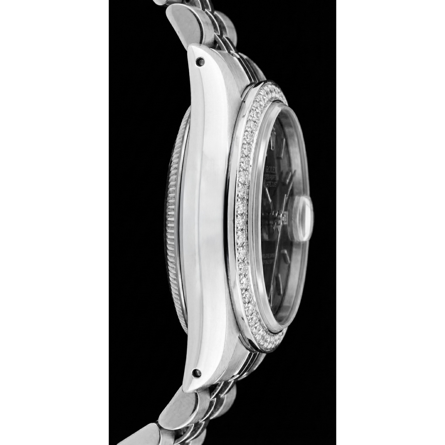 Rolex Datejust Damenuhr mit schwarzem Stick-Zifferblatt und Edelstahl-Jubiläumsarmband