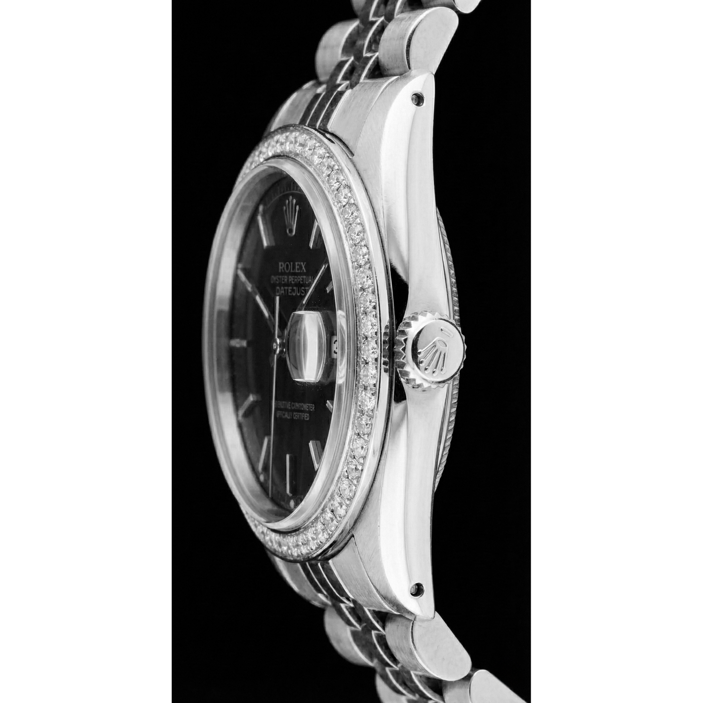 Rolex Datejust Damenuhr mit schwarzem Stick-Zifferblatt und Edelstahl-Jubiläumsarmband