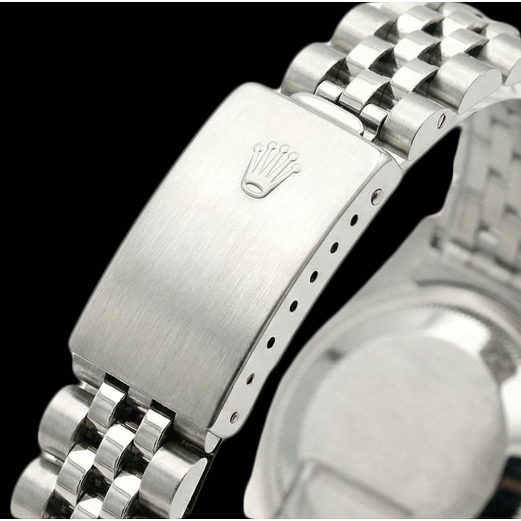 Rolex Datejust Damenuhr mit schwarzem Stick-Zifferblatt und Edelstahl-Jubiläumsarmband