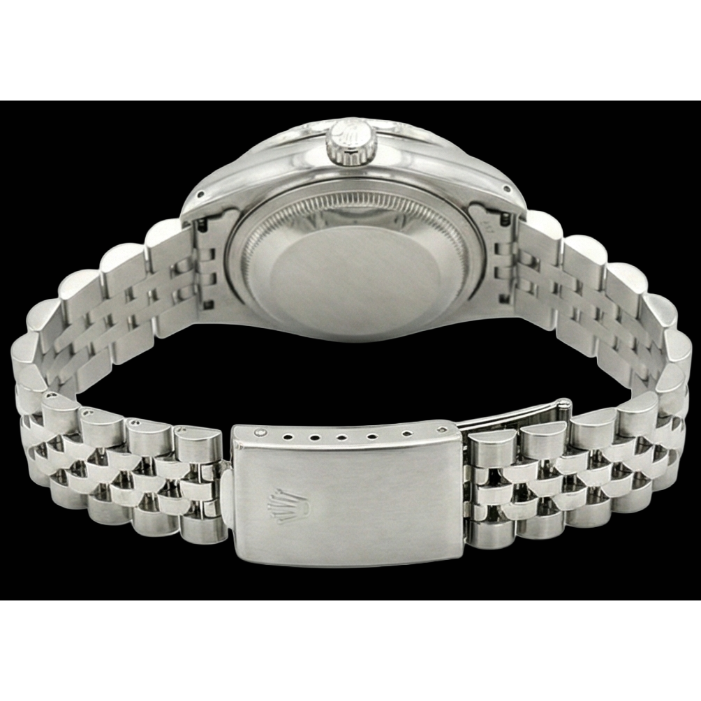 Rolex Datejust Damenuhr mit schwarzem Stick-Zifferblatt und Edelstahl-Jubiläumsarmband