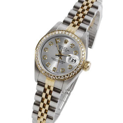 Rolex Datejust Damenuhr mit silbernem Diamant-Zifferblatt und zweifarbigem Armband