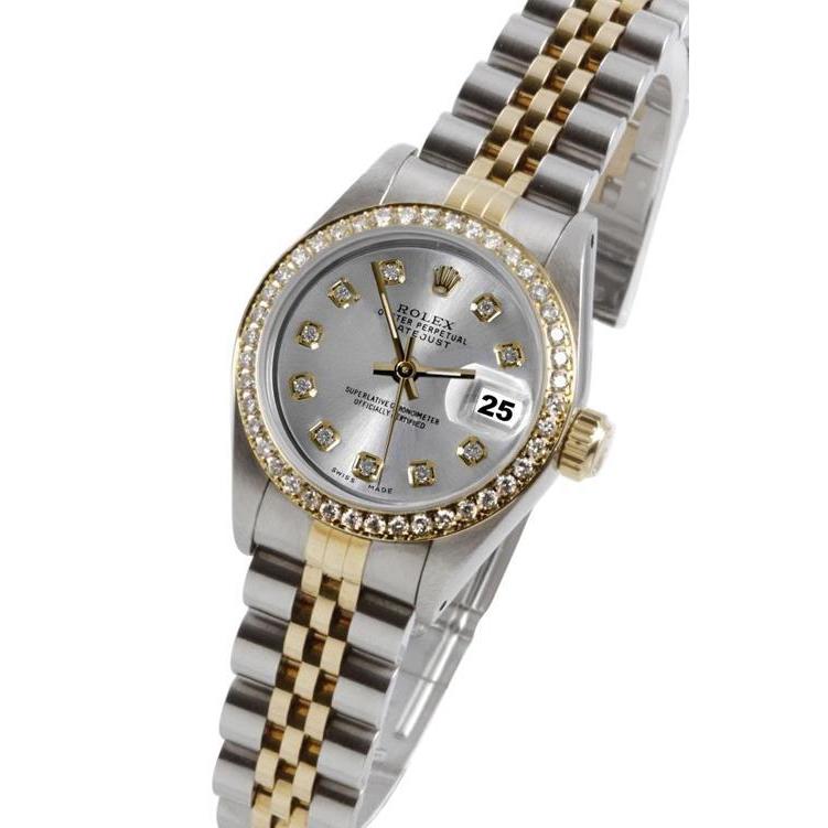 Rolex Datejust Damenuhr mit silbernem Diamant-Zifferblatt und zweifarbigem Armband