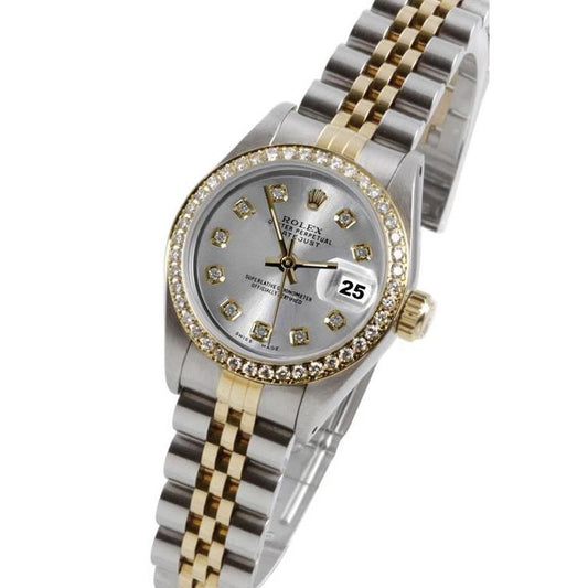 Rolex Datejust Damenuhr mit silbernem Diamant-Zifferblatt und zweifarbigem Armband