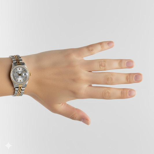 Rolex Datejust Damenuhr mit silbernem Diamant-Zifferblatt und zweifarbigem Armband P2