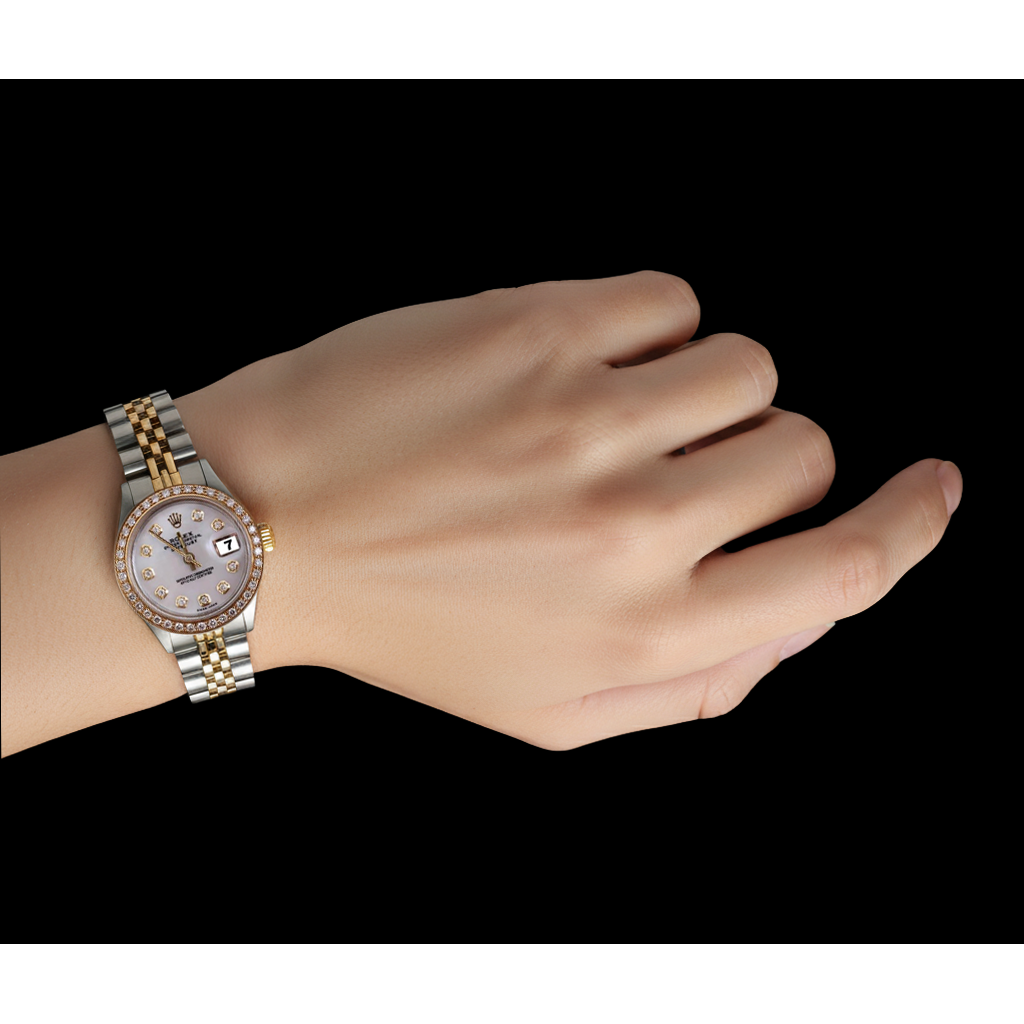 Rolex Datejust Damenuhr mit weißem Mop-Diamant-Zifferblatt und Lünette aus Edelstahl und Golden P5