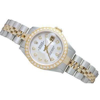 Rolex Datejust Damenuhr mit weißem Mop-Diamant-Zifferblatt und zweifarbigem Armband
