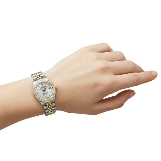 Rolex Datejust Damenuhr mit weißem Mop-Diamant-Zifferblatt und zweifarbigem Armband P2