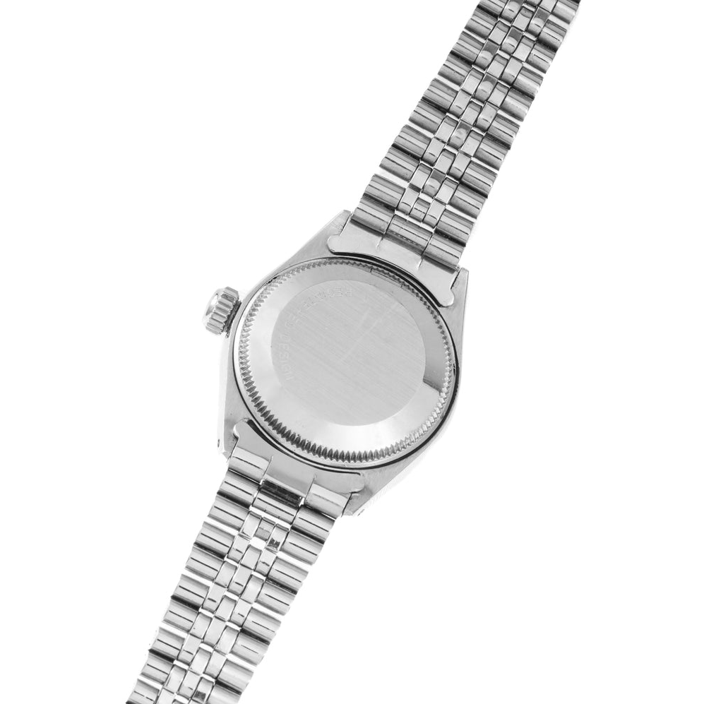 Rolex Datejust Damenuhr mit weißem römischem Zifferblatt und geriffelter Lünette Edelstahl Jubilee