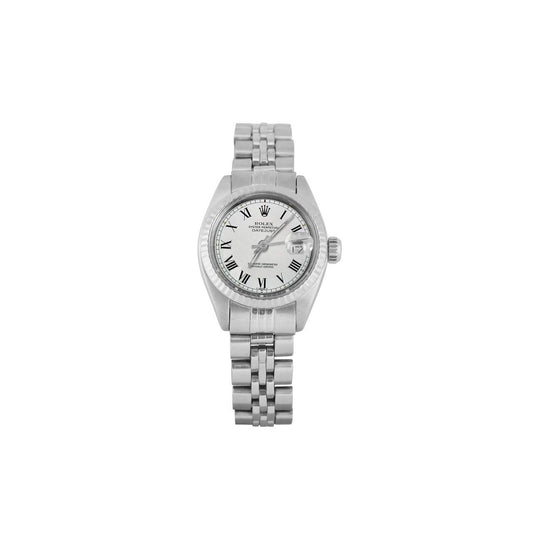 Rolex Datejust Damenuhr mit weißem römischem Zifferblatt und geriffelter Lünette Edelstahl Jubilee