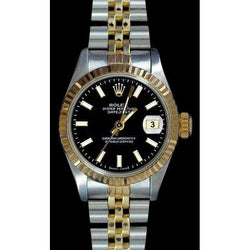 Rolex Datejust Damenuhr, schwarzes Stick-Zifferblatt, Edelstahl und goldenes Jubiläum