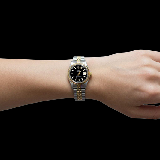 Rolex Datejust Damenuhr, schwarzes Stick-Zifferblatt, Edelstahl und goldenes Jubiläum