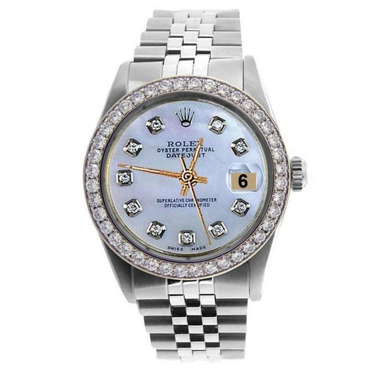 Rolex Datejust Edelstahl Uhr mit weißem Diamant-Zifferblatt und Lünette für Herren, Schnelleinstellung
