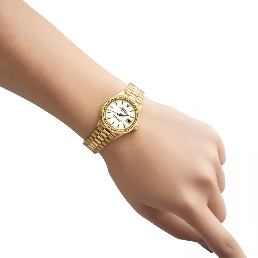 Rolex Datejust, Gelbgold-Damenuhr im President-Stil mit weißem Strichzifferblatt P1