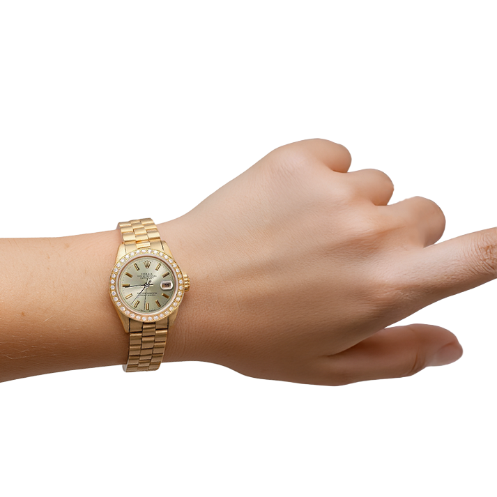 Rolex Datejust Gelbgold Präsidentenstil Uhr, graues Stick-Zifferblatt, Diamant