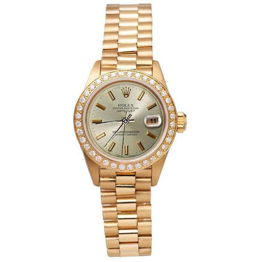 Rolex Datejust Gelbgold Präsidentenstil Uhr, graues Stick-Zifferblatt, Diamant
