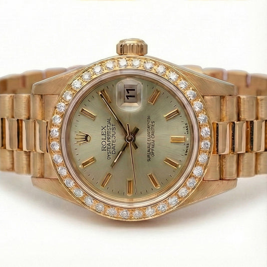 Rolex Datejust Gelbgold Präsidentenstil Uhr, graues Stick-Zifferblatt, Diamant