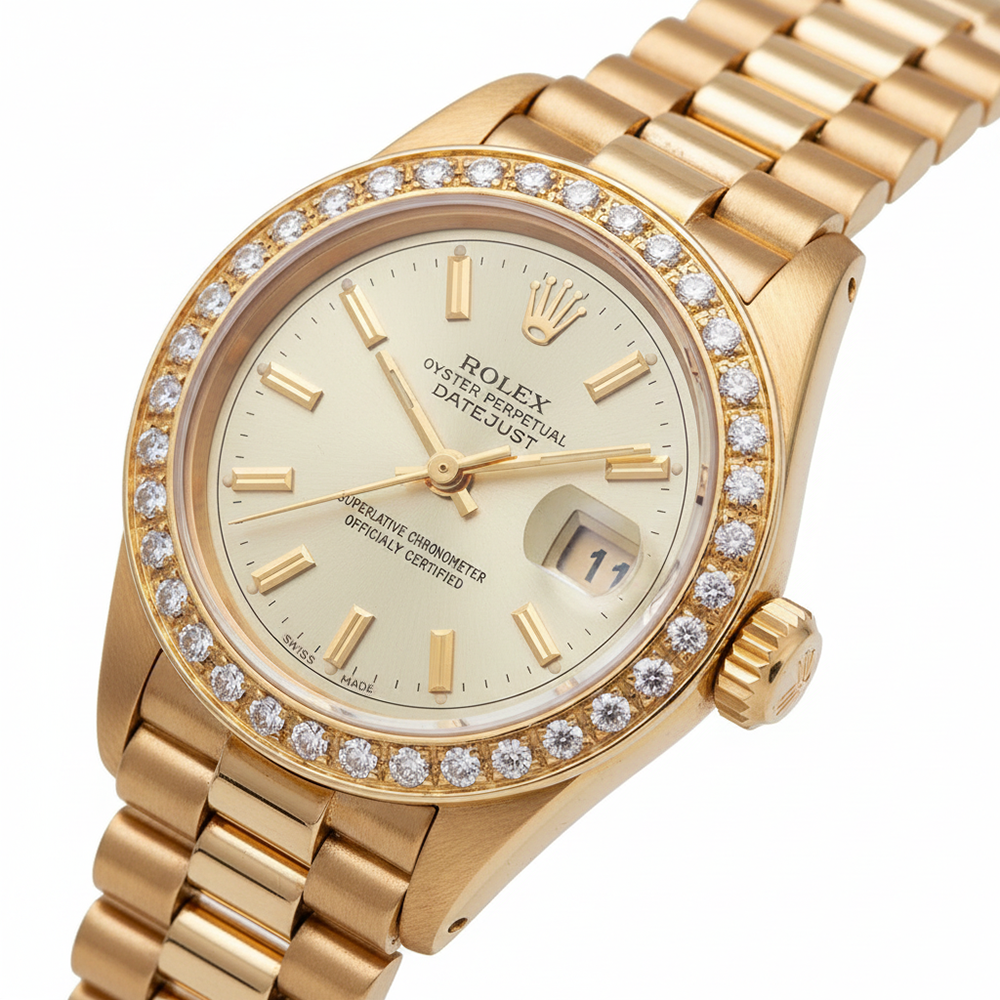 Rolex Datejust Gelbgold Präsidentenstil Uhr, graues Stick-Zifferblatt, Diamant
