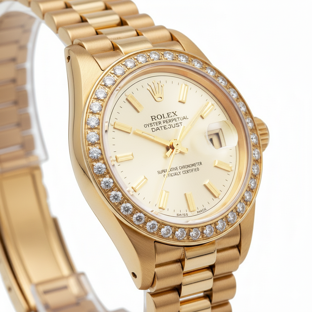 Rolex Datejust Gelbgold Präsidentenstil Uhr, graues Stick-Zifferblatt, Diamant