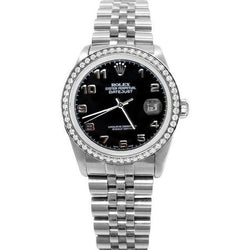 Rolex Datejust Herrenuhr Edelstahl Jubile Schwarzes arabisches Zifferblatt Diamantlünette SCHNELLSET