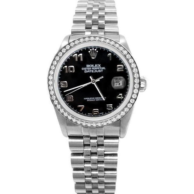 Rolex Datejust Herrenuhr Edelstahl Jubile Schwarzes arabisches Zifferblatt Diamantlünette SCHNELLSET
