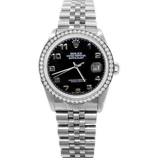 Rolex Datejust Herrenuhr Edelstahl Jubile Schwarzes arabisches Zifferblatt Diamantlünette SCHNELLSET
