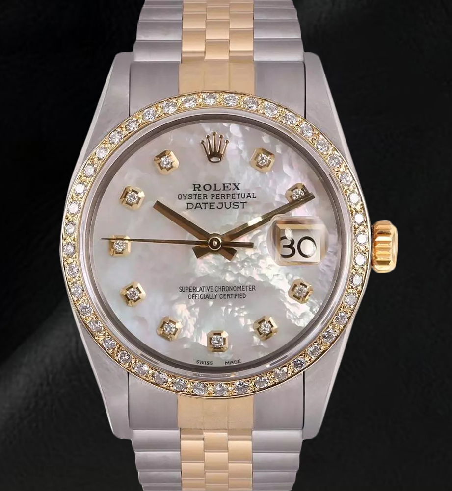 Rolex Datejust Herrenuhr, Perlmutt, Diamant-Zifferblatt, zweifarbig, Schnelleinstellung