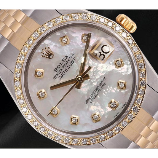 Rolex Datejust Herrenuhr, Perlmutt, Diamant-Zifferblatt, zweifarbig, Schnelleinstellung