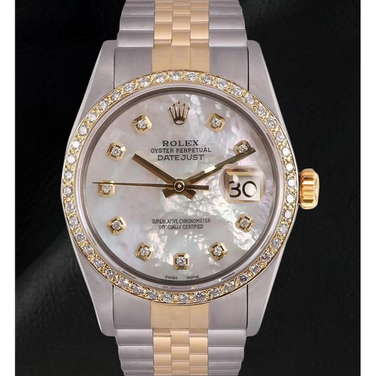 Rolex Datejust Herrenuhr, Perlmutt, Diamant-Zifferblatt, zweifarbig, Schnelleinstellung