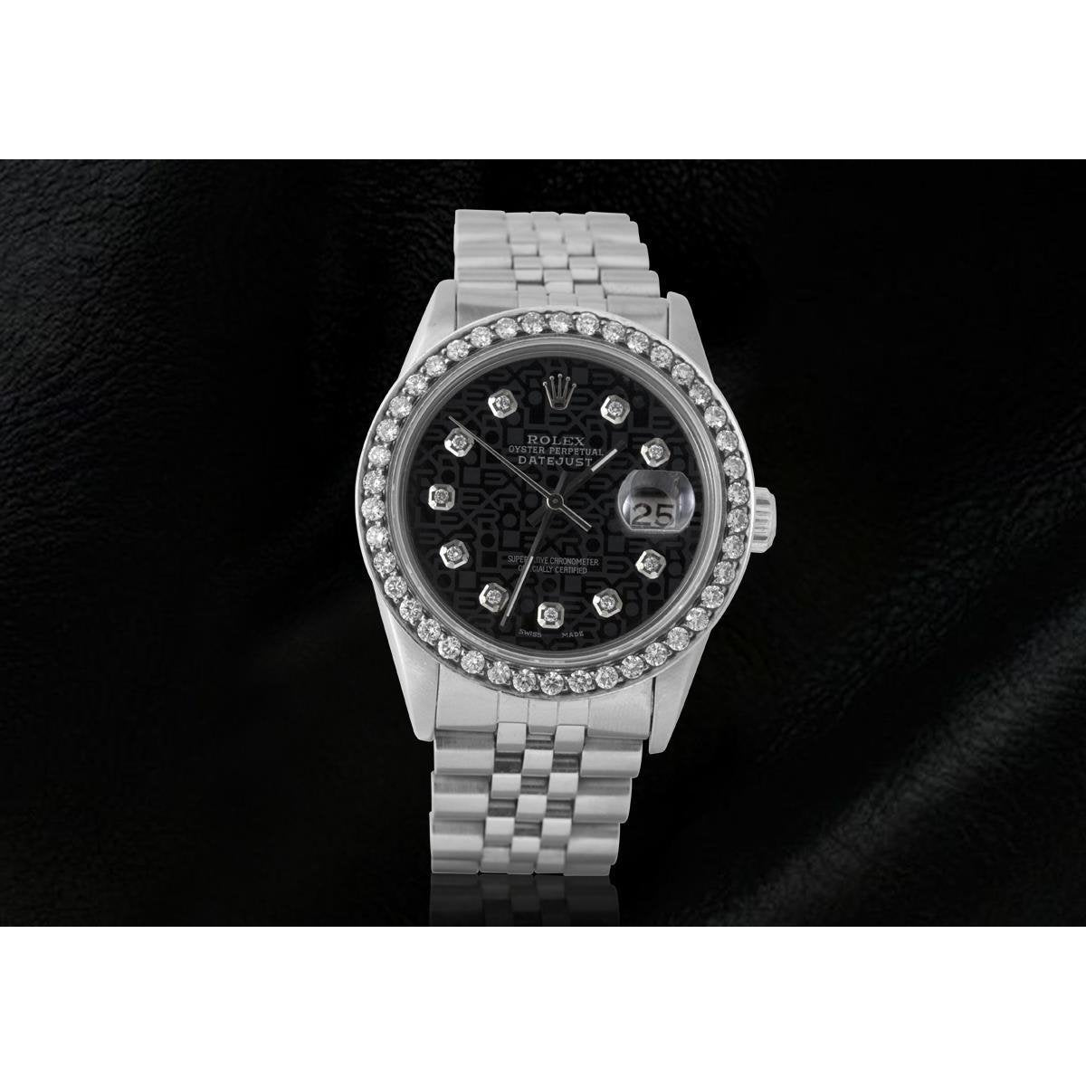 Rolex Datejust Herrenuhr aus Edelstahl mit großer Lünette und schwarzem Jubiläum-Diamantzifferblatt
