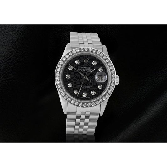 Rolex Datejust Herrenuhr aus Edelstahl mit großer Lünette und schwarzem Jubiläum-Diamantzifferblatt
