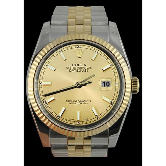 Rolex Datejust Herrenuhr mit Stick-Zifferblatt, Edelstahl und goldenem Jubilee-Armband, SCHNELLES SET
