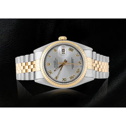 Rolex Datejust Herrenuhr mit grauem römischem Zifferblatt und geriffelter Lünette, zweifarbig, SCHNELLES SET