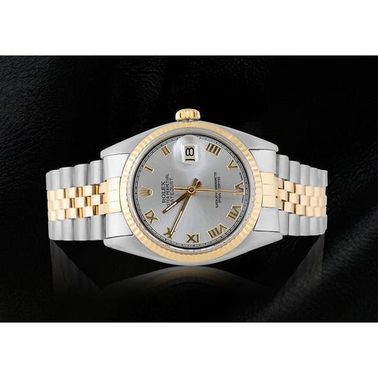 Rolex Datejust Herrenuhr mit grauem römischem Zifferblatt und geriffelter Lünette, zweifarbig, SCHNELLES SET
