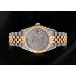 Rolex Datejust Herrenuhr mit römischem Zifferblatt und geriffelter Lünette, zweifarbig, SCHNELLSET