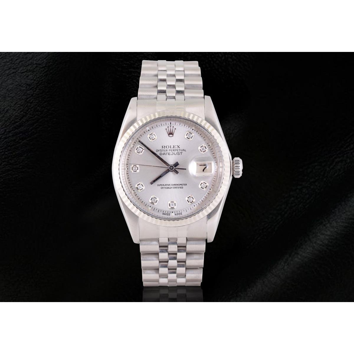 Rolex Datejust Herrenuhr mit silbernem Diamant-Zifferblatt und Edelstahl-Jubiläumsarmband
