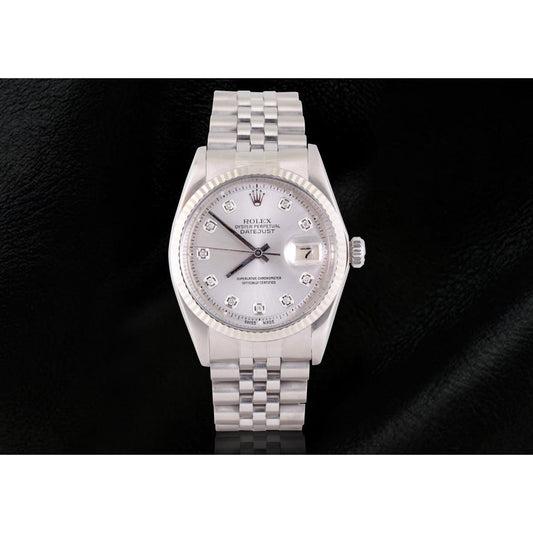 Rolex Datejust Herrenuhr mit silbernem Diamant-Zifferblatt und Edelstahl-Jubiläumsarmband
