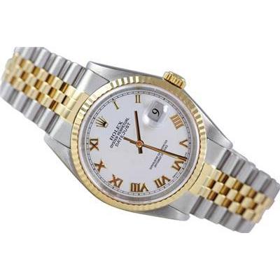 Rolex Datejust Herrenuhr mit zweifarbigem Armband, weißes römisches Zifferblatt und Lünette. SCHNELLES SET
