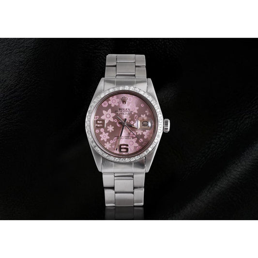 Rolex Datejust Herrenuhr, rosafarbenes Blumen-Zifferblatt, Diamant-Lünette, Edelstahl, schnell eingestellt
