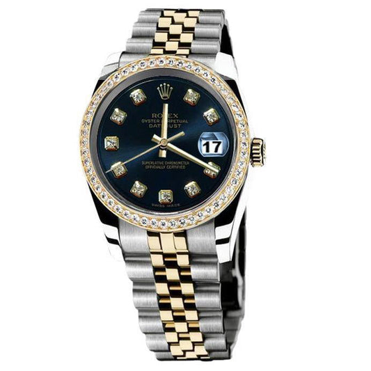 Rolex Datejust Herrenuhr, zweifarbige Diamantlünette, blaues Diamantzifferblatt
