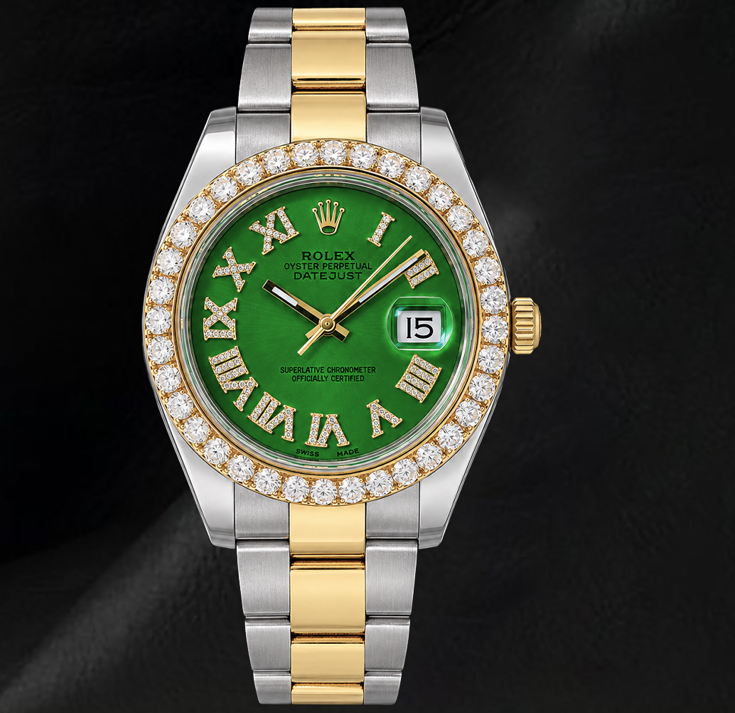 Rolex Datejust II 41 mm 116333 Bicolor-Uhr mit grünem Diamantzifferblatt und römischen Ziffern